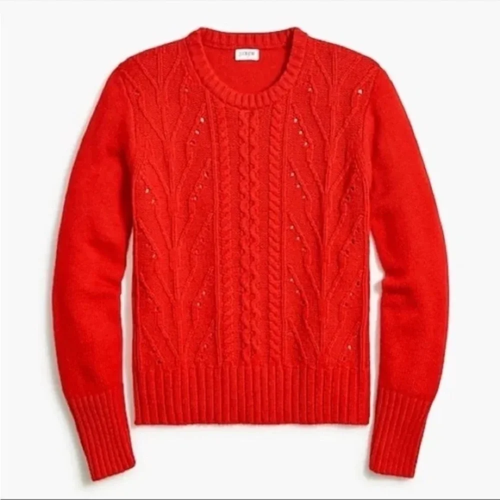 J. Crew Pointelle Cable Front Pullover Sweater Lambs Wool Red Size Medium